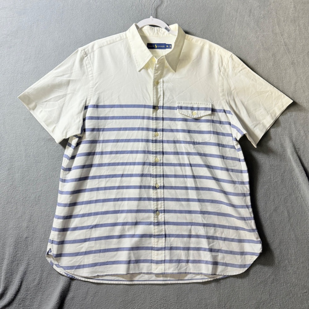 Ralph Lauren Mens XL Short Sleeve Button Down Shirt White Blue Striped Cotton